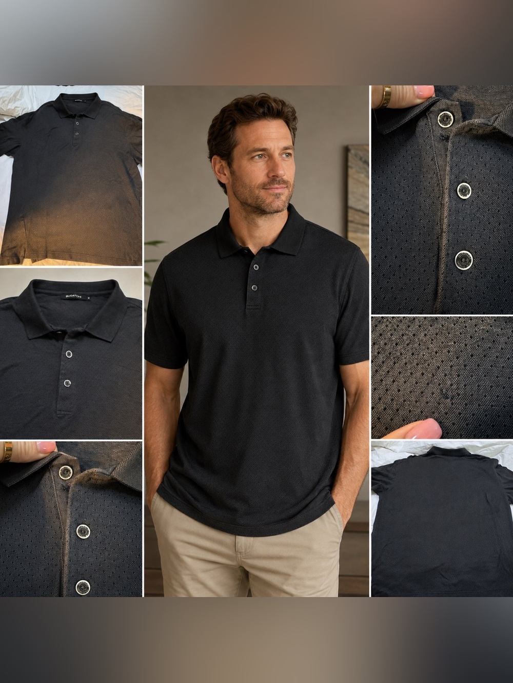 Bugatchi Black XL Textured Polo Shirt Logo Buttons Golf Casual